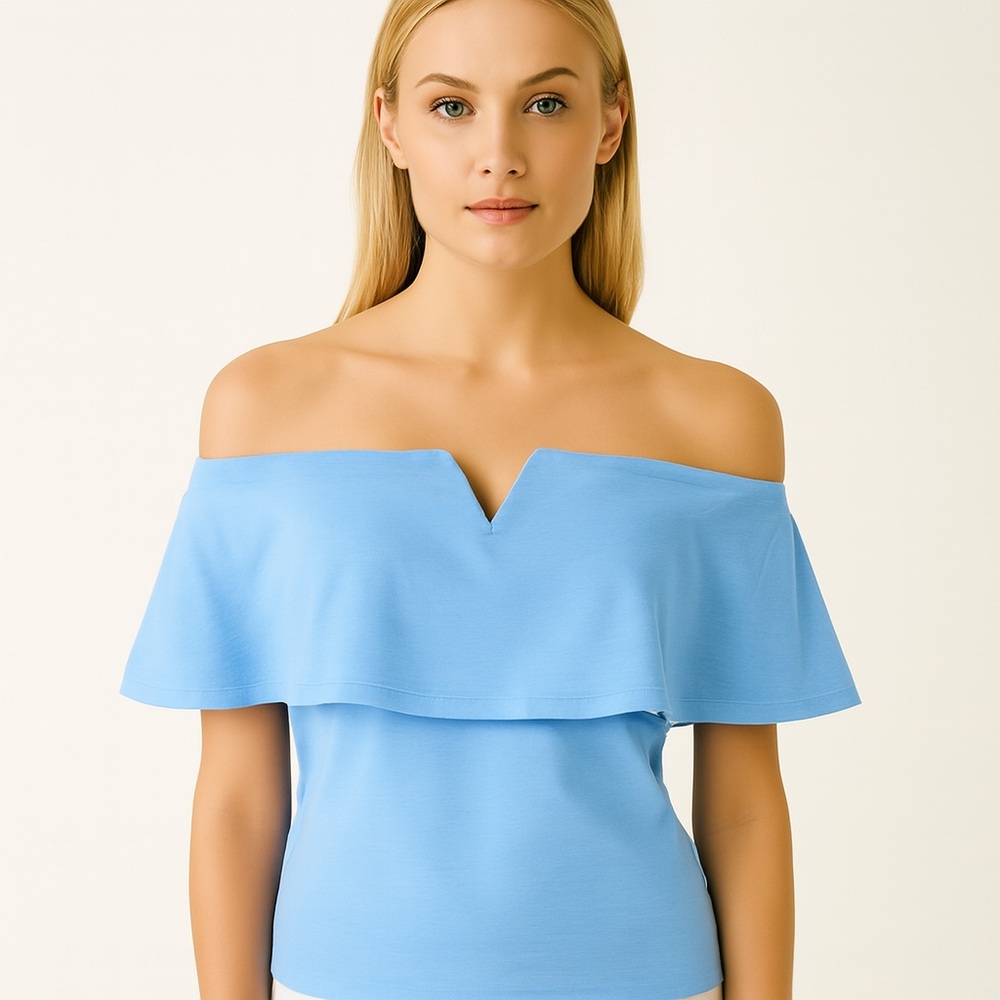 AKIRA Light Pastel Blue Off-Shoulder Knit Top Blouse Large